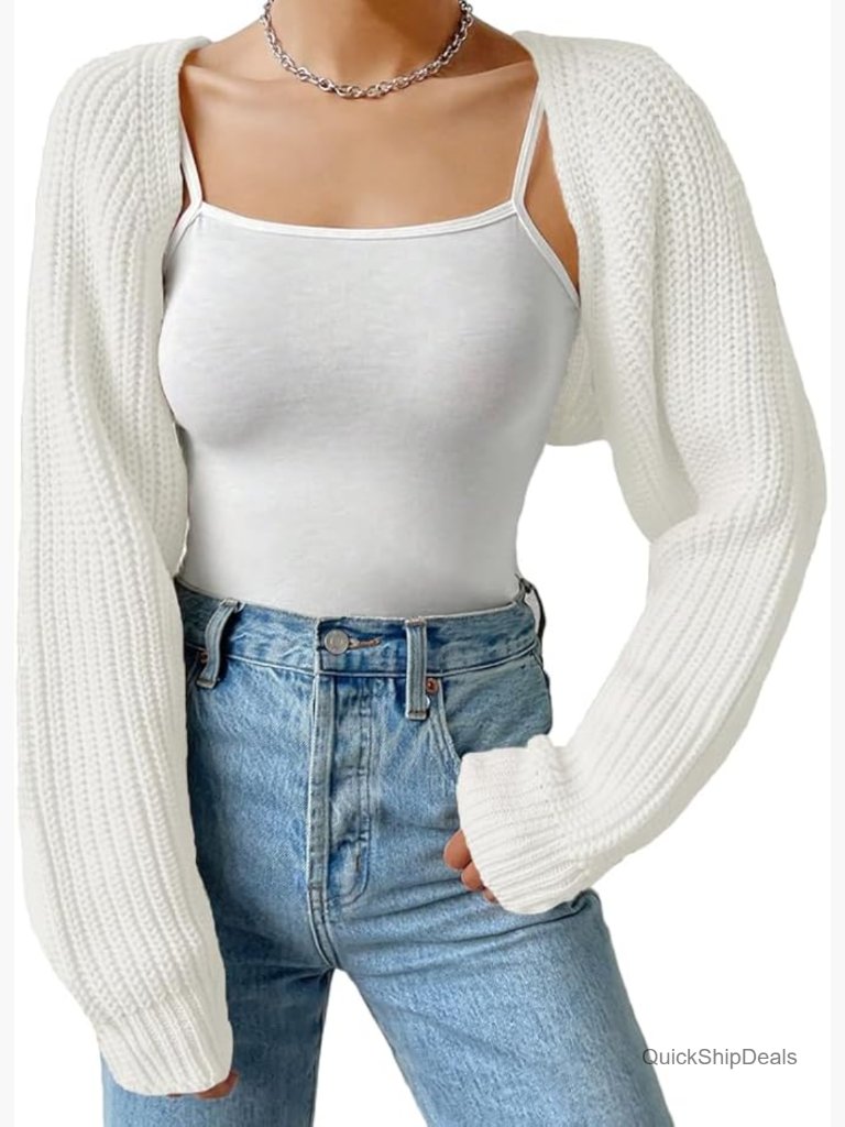 Open Front Ribbed Knit Crop Bolero Drop Shoulder Long Sleeve Cardigan Shrug